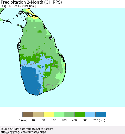 Sri Lanka Precipitation 2-Month (CHIRPS) Thematic Map For 8/16/2019 - 10/15/2019