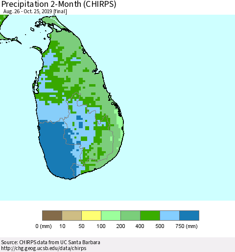 Sri Lanka Precipitation 2-Month (CHIRPS) Thematic Map For 8/26/2019 - 10/25/2019