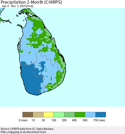 Sri Lanka Precipitation 2-Month (CHIRPS) Thematic Map For 9/6/2019 - 11/5/2019