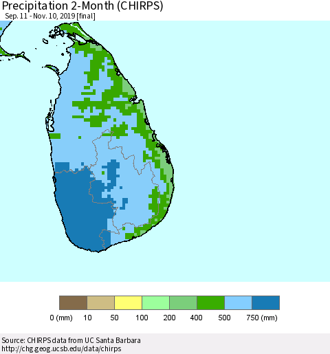 Sri Lanka Precipitation 2-Month (CHIRPS) Thematic Map For 9/11/2019 - 11/10/2019