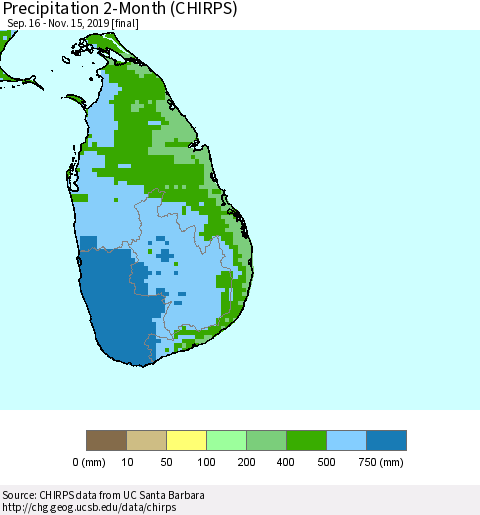Sri Lanka Precipitation 2-Month (CHIRPS) Thematic Map For 9/16/2019 - 11/15/2019
