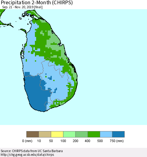 Sri Lanka Precipitation 2-Month (CHIRPS) Thematic Map For 9/21/2019 - 11/20/2019
