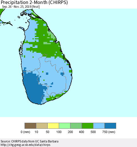 Sri Lanka Precipitation 2-Month (CHIRPS) Thematic Map For 9/26/2019 - 11/25/2019