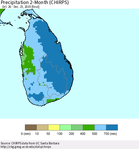 Sri Lanka Precipitation 2-Month (CHIRPS) Thematic Map For 10/26/2019 - 12/25/2019