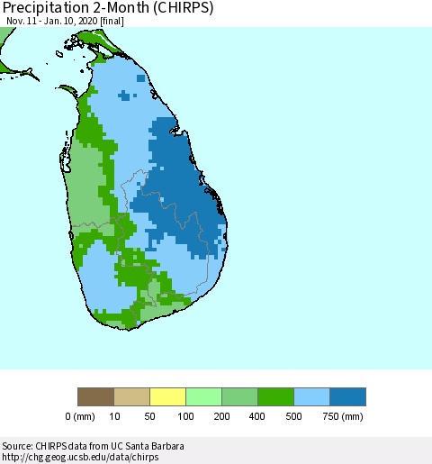 Sri Lanka Precipitation 2-Month (CHIRPS) Thematic Map For 11/11/2019 - 1/10/2020