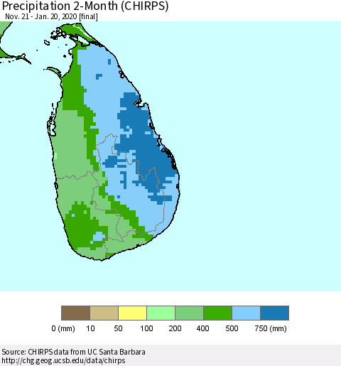 Sri Lanka Precipitation 2-Month (CHIRPS) Thematic Map For 11/21/2019 - 1/20/2020
