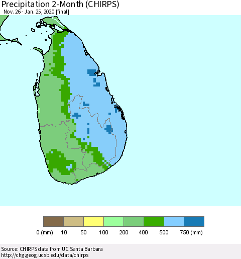 Sri Lanka Precipitation 2-Month (CHIRPS) Thematic Map For 11/26/2019 - 1/25/2020