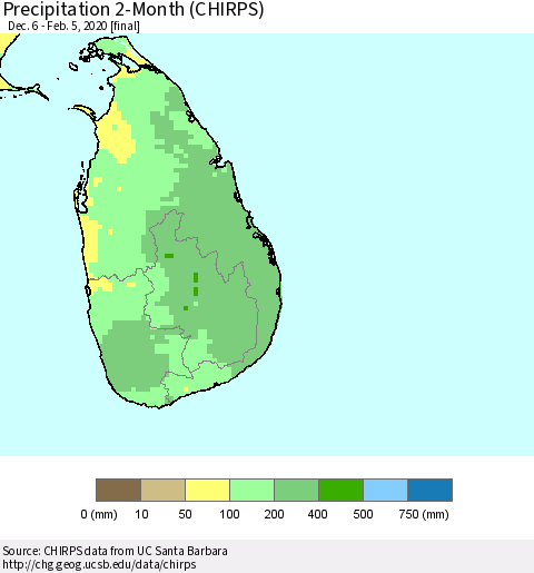 Sri Lanka Precipitation 2-Month (CHIRPS) Thematic Map For 12/6/2019 - 2/5/2020