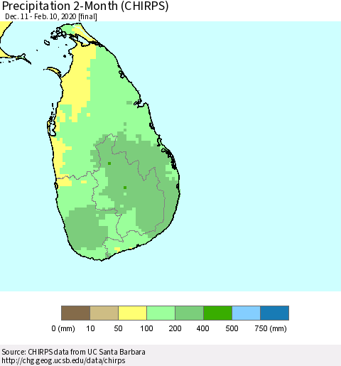 Sri Lanka Precipitation 2-Month (CHIRPS) Thematic Map For 12/11/2019 - 2/10/2020