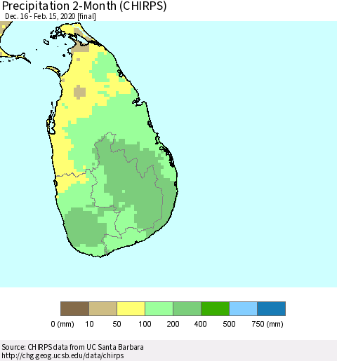 Sri Lanka Precipitation 2-Month (CHIRPS) Thematic Map For 12/16/2019 - 2/15/2020