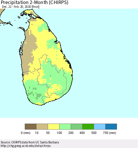 Sri Lanka Precipitation 2-Month (CHIRPS) Thematic Map For 12/21/2019 - 2/20/2020