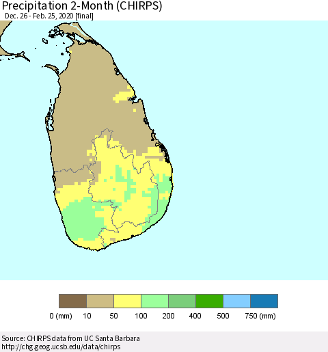Sri Lanka Precipitation 2-Month (CHIRPS) Thematic Map For 12/26/2019 - 2/25/2020