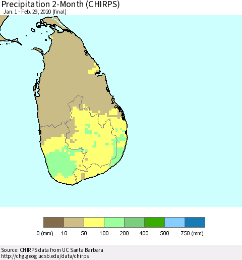 Sri Lanka Precipitation 2-Month (CHIRPS) Thematic Map For 1/1/2020 - 2/29/2020