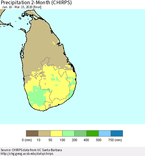 Sri Lanka Precipitation 2-Month (CHIRPS) Thematic Map For 1/16/2020 - 3/15/2020