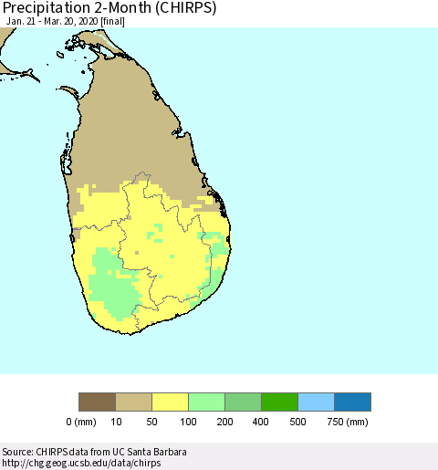Sri Lanka Precipitation 2-Month (CHIRPS) Thematic Map For 1/21/2020 - 3/20/2020