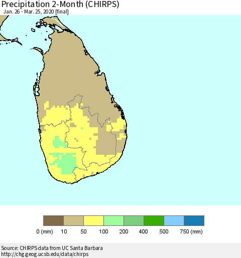 Sri Lanka Precipitation 2-Month (CHIRPS) Thematic Map For 1/26/2020 - 3/25/2020