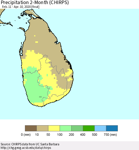 Sri Lanka Precipitation 2-Month (CHIRPS) Thematic Map For 2/11/2020 - 4/10/2020