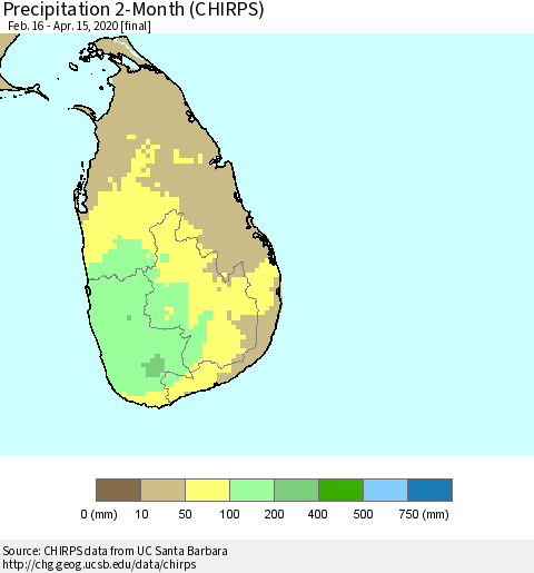 Sri Lanka Precipitation 2-Month (CHIRPS) Thematic Map For 2/16/2020 - 4/15/2020