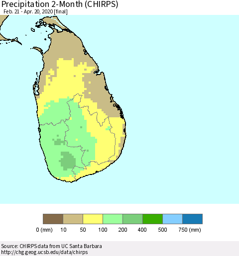 Sri Lanka Precipitation 2-Month (CHIRPS) Thematic Map For 2/21/2020 - 4/20/2020
