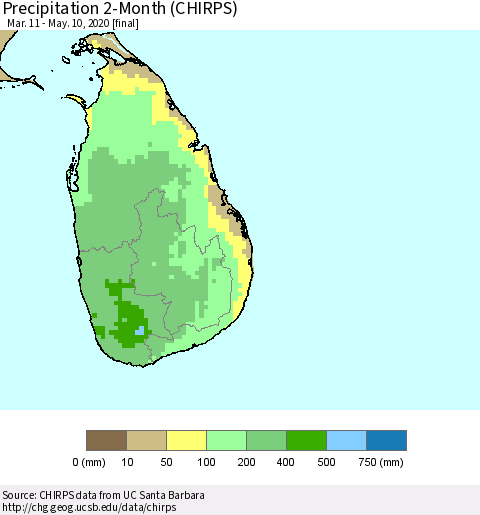 Sri Lanka Precipitation 2-Month (CHIRPS) Thematic Map For 3/11/2020 - 5/10/2020