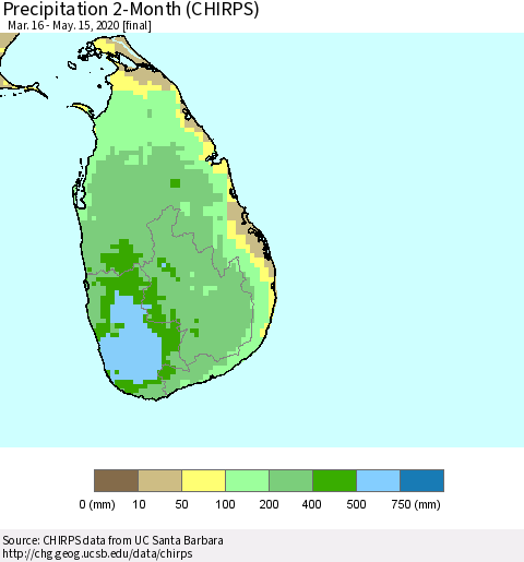 Sri Lanka Precipitation 2-Month (CHIRPS) Thematic Map For 3/16/2020 - 5/15/2020