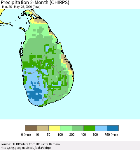 Sri Lanka Precipitation 2-Month (CHIRPS) Thematic Map For 3/26/2020 - 5/25/2020