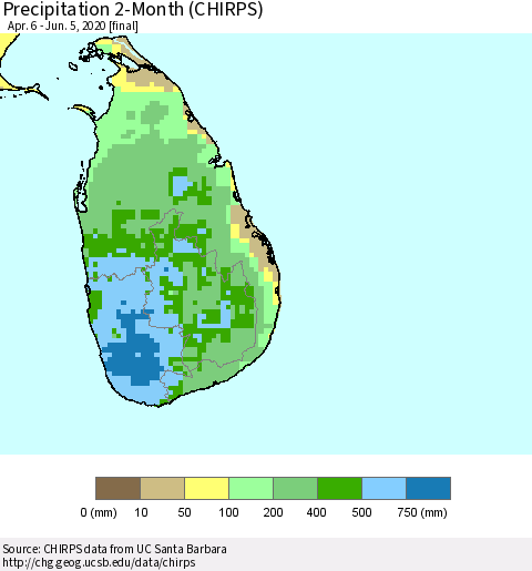 Sri Lanka Precipitation 2-Month (CHIRPS) Thematic Map For 4/6/2020 - 6/5/2020