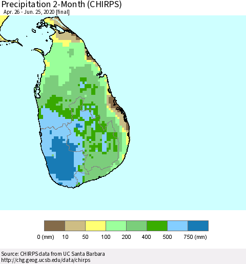 Sri Lanka Precipitation 2-Month (CHIRPS) Thematic Map For 4/26/2020 - 6/25/2020