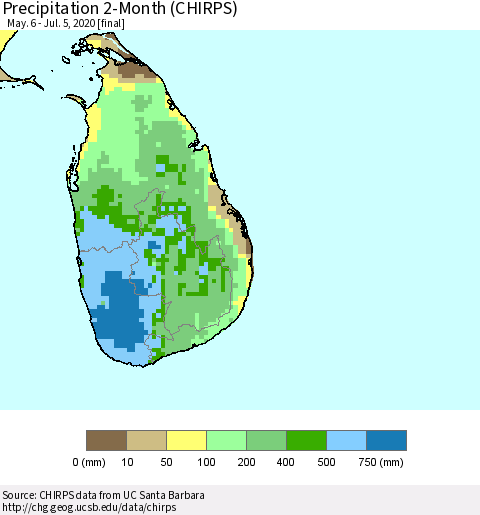 Sri Lanka Precipitation 2-Month (CHIRPS) Thematic Map For 5/6/2020 - 7/5/2020