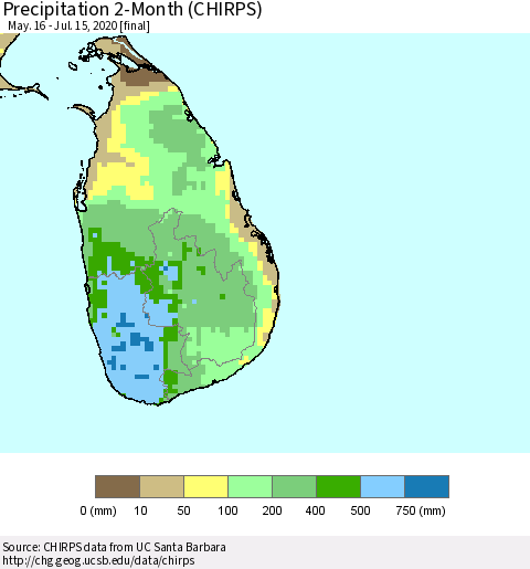 Sri Lanka Precipitation 2-Month (CHIRPS) Thematic Map For 5/16/2020 - 7/15/2020