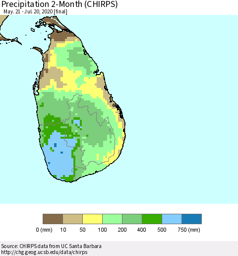 Sri Lanka Precipitation 2-Month (CHIRPS) Thematic Map For 5/21/2020 - 7/20/2020