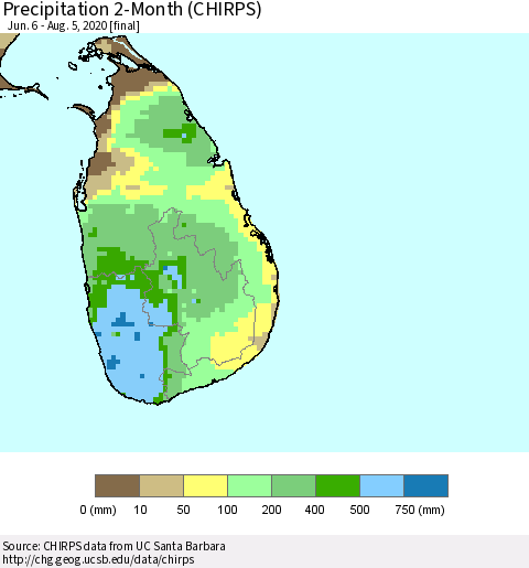 Sri Lanka Precipitation 2-Month (CHIRPS) Thematic Map For 6/6/2020 - 8/5/2020