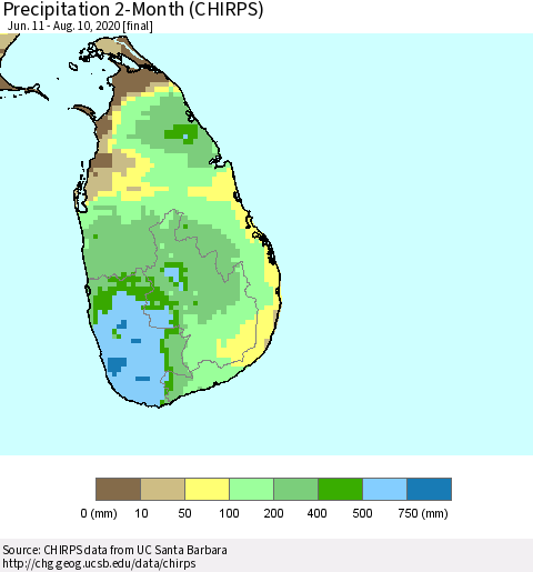 Sri Lanka Precipitation 2-Month (CHIRPS) Thematic Map For 6/11/2020 - 8/10/2020