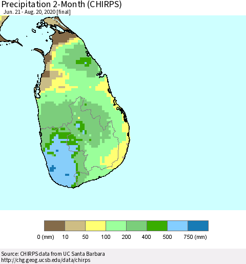 Sri Lanka Precipitation 2-Month (CHIRPS) Thematic Map For 6/21/2020 - 8/20/2020