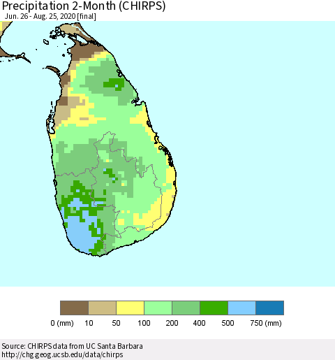 Sri Lanka Precipitation 2-Month (CHIRPS) Thematic Map For 6/26/2020 - 8/25/2020