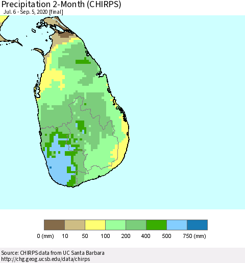 Sri Lanka Precipitation 2-Month (CHIRPS) Thematic Map For 7/6/2020 - 9/5/2020