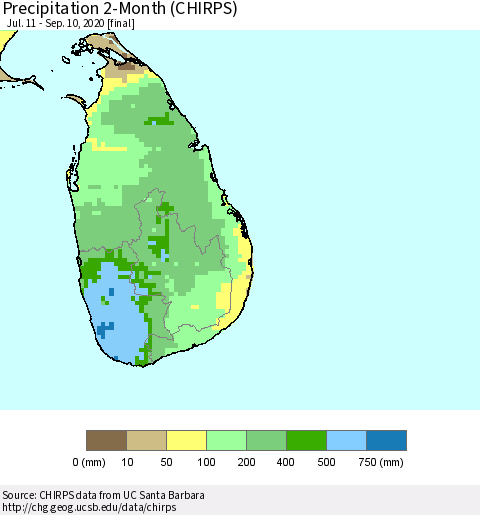 Sri Lanka Precipitation 2-Month (CHIRPS) Thematic Map For 7/11/2020 - 9/10/2020