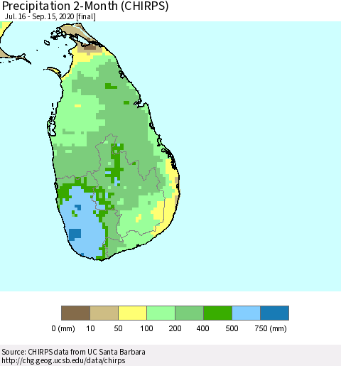 Sri Lanka Precipitation 2-Month (CHIRPS) Thematic Map For 7/16/2020 - 9/15/2020