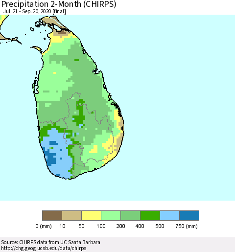 Sri Lanka Precipitation 2-Month (CHIRPS) Thematic Map For 7/21/2020 - 9/20/2020