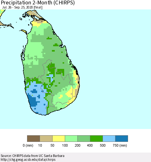 Sri Lanka Precipitation 2-Month (CHIRPS) Thematic Map For 7/26/2020 - 9/25/2020