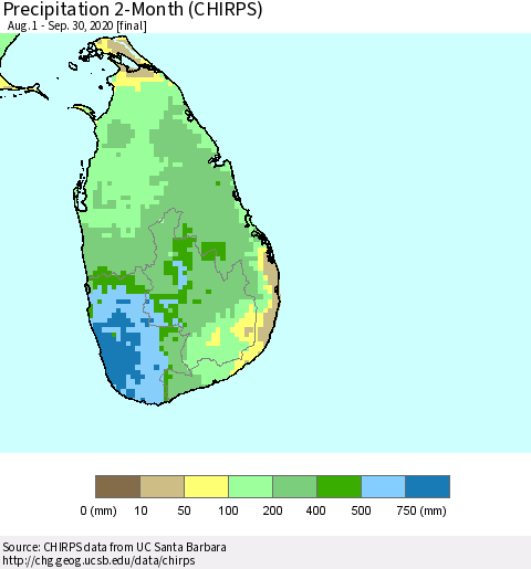 Sri Lanka Precipitation 2-Month (CHIRPS) Thematic Map For 8/1/2020 - 9/30/2020