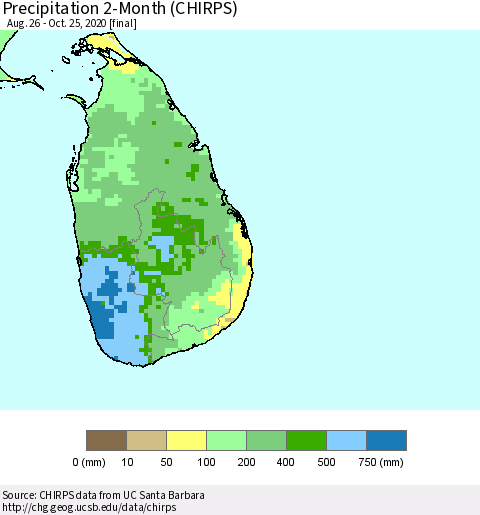 Sri Lanka Precipitation 2-Month (CHIRPS) Thematic Map For 8/26/2020 - 10/25/2020