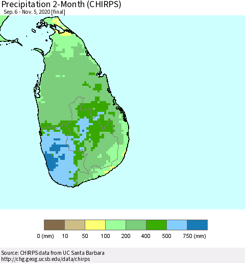 Sri Lanka Precipitation 2-Month (CHIRPS) Thematic Map For 9/6/2020 - 11/5/2020