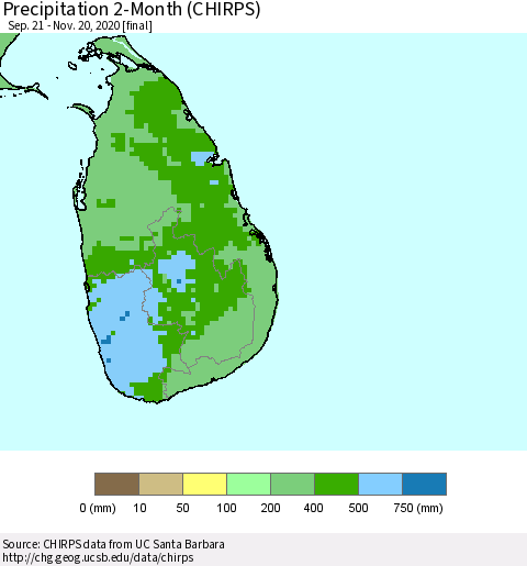 Sri Lanka Precipitation 2-Month (CHIRPS) Thematic Map For 9/21/2020 - 11/20/2020