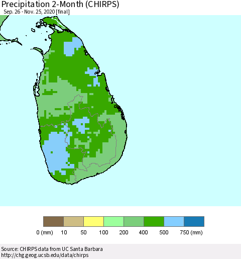 Sri Lanka Precipitation 2-Month (CHIRPS) Thematic Map For 9/26/2020 - 11/25/2020