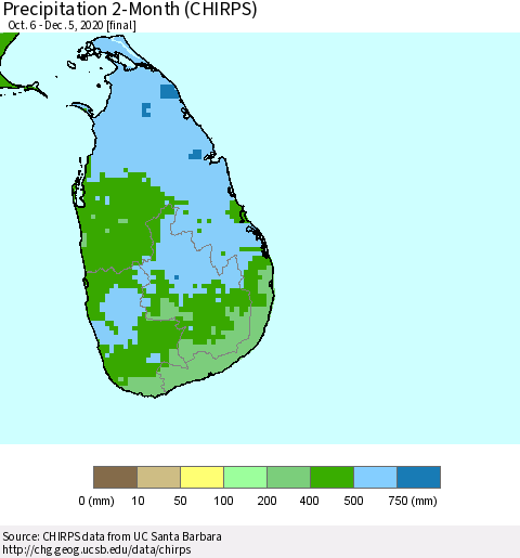 Sri Lanka Precipitation 2-Month (CHIRPS) Thematic Map For 10/6/2020 - 12/5/2020