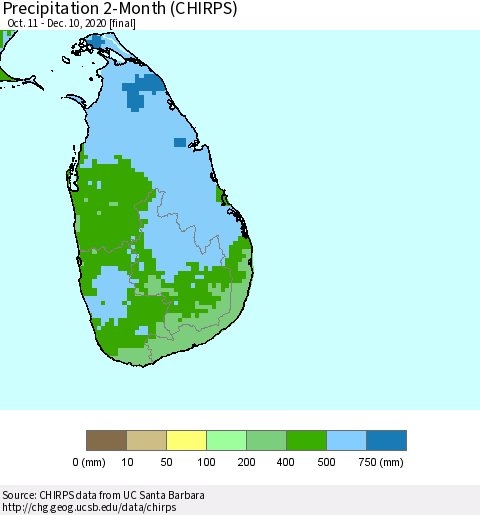 Sri Lanka Precipitation 2-Month (CHIRPS) Thematic Map For 10/11/2020 - 12/10/2020