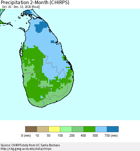 Sri Lanka Precipitation 2-Month (CHIRPS) Thematic Map For 10/16/2020 - 12/15/2020