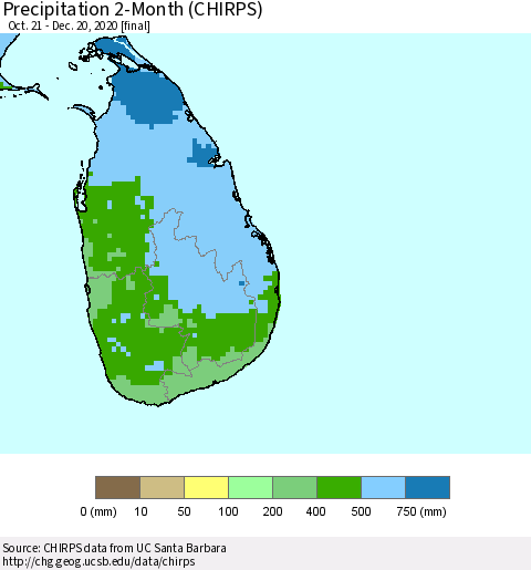 Sri Lanka Precipitation 2-Month (CHIRPS) Thematic Map For 10/21/2020 - 12/20/2020