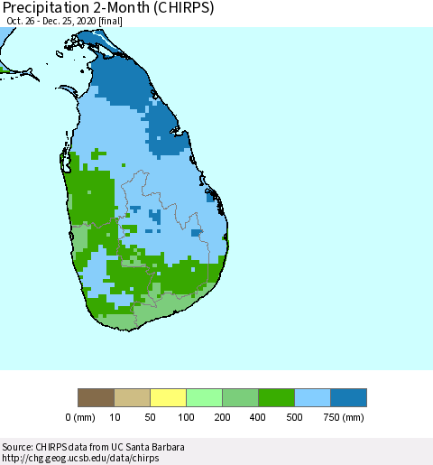 Sri Lanka Precipitation 2-Month (CHIRPS) Thematic Map For 10/26/2020 - 12/25/2020
